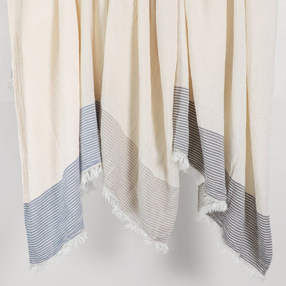 47" X 60" Blue and Ivory Cotton Woven Striped Throw Blanket with Fringe HomeRoots