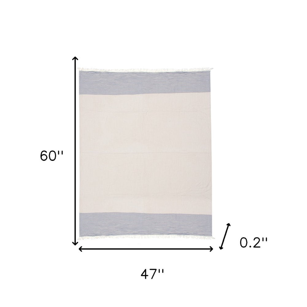 47" X 60" Blue and Ivory Cotton Woven Striped Throw Blanket with Fringe HomeRoots