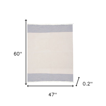 47" X 60" Blue and Ivory Cotton Woven Striped Throw Blanket with Fringe HomeRoots