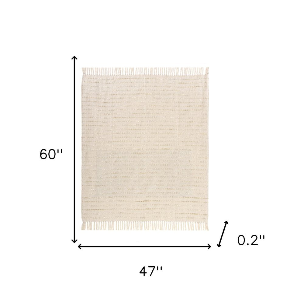 50" X 60" White And Navy Blue Cotton Blend Woven Striped Throw Blanket with Fringe HomeRoots