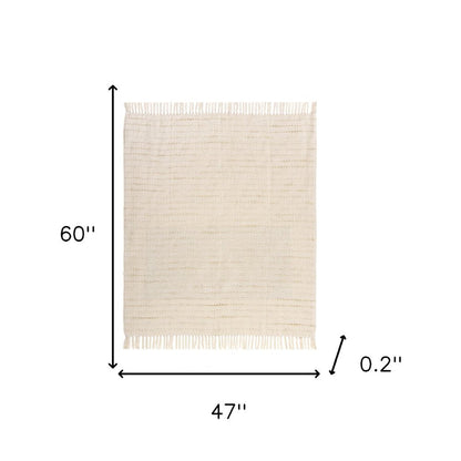 50" X 60" White And Brown Cotton Blend Woven Striped Throw Blanket with Fringe HomeRoots