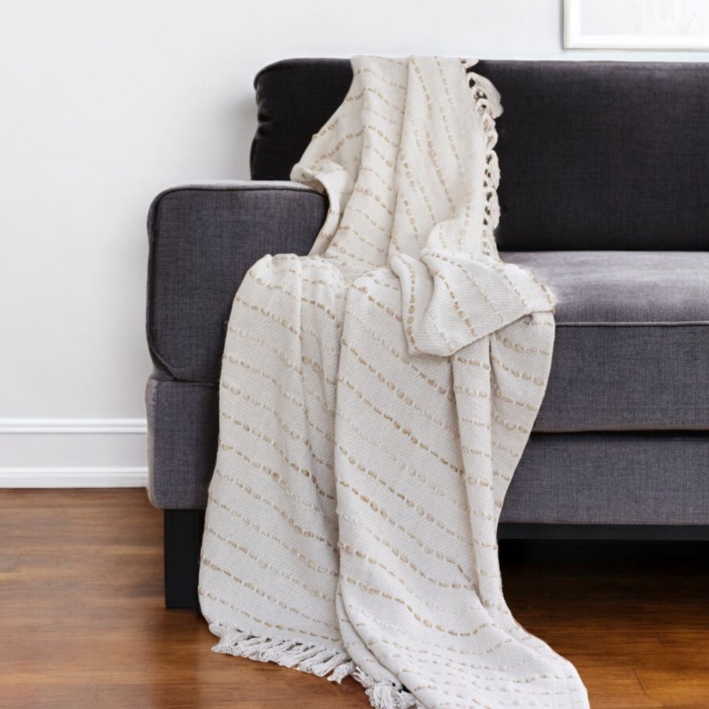 50" X 60" White And Navy Blue Cotton Blend Woven Striped Throw Blanket with Fringe HomeRoots