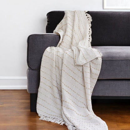 50" X 60" White And Navy Blue Cotton Blend Woven Striped Throw Blanket with Fringe HomeRoots