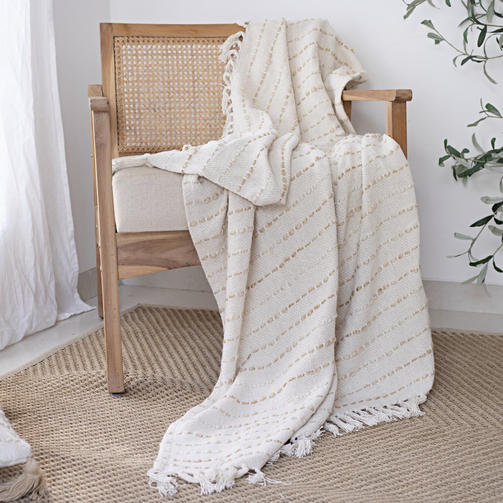 50" X 60" White And Navy Blue Cotton Blend Woven Striped Throw Blanket with Fringe HomeRoots