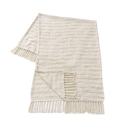50" X 60" White And Navy Blue Cotton Blend Woven Striped Throw Blanket with Fringe HomeRoots