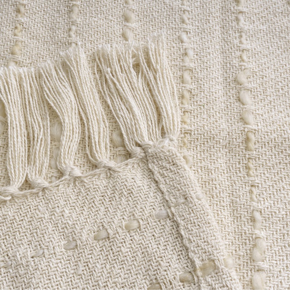50" X 60" White And Navy Blue Cotton Blend Woven Striped Throw Blanket with Fringe HomeRoots