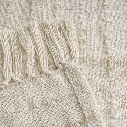 50" X 60" White And Navy Blue Cotton Blend Woven Striped Throw Blanket with Fringe HomeRoots