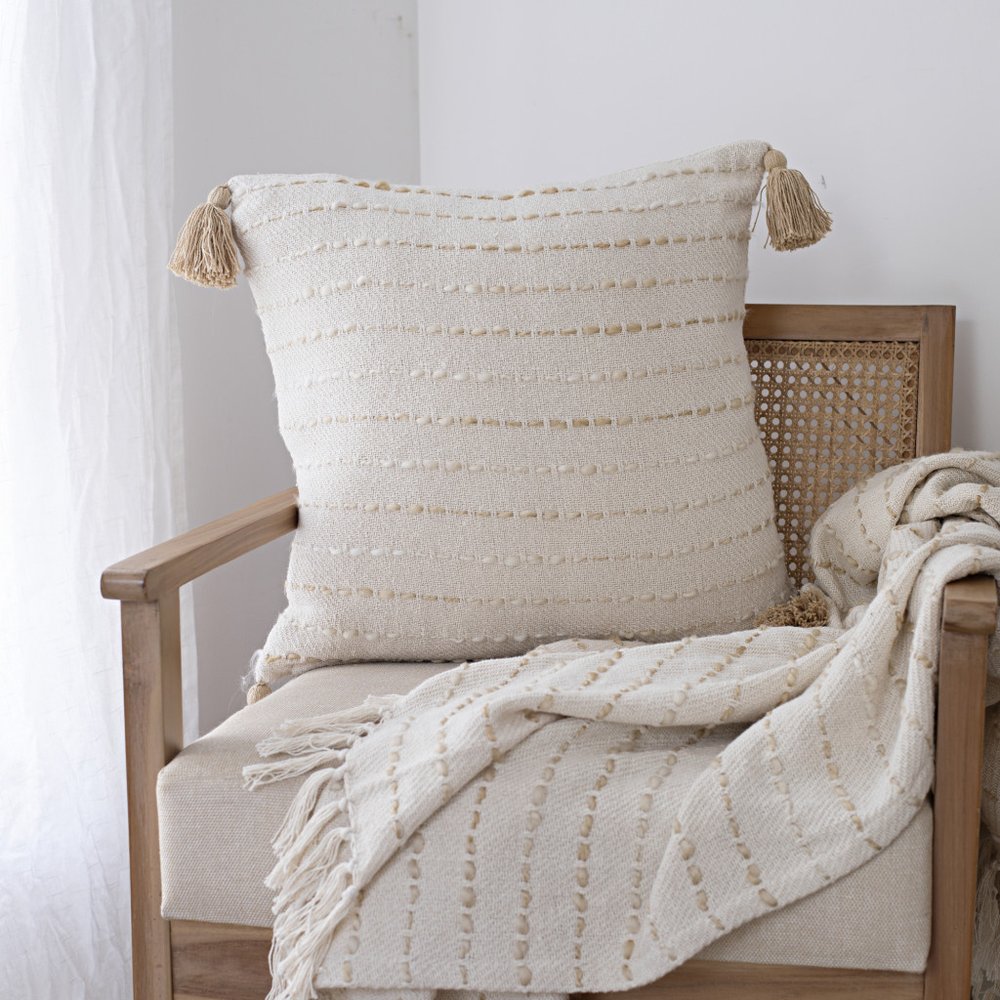 50" X 60" White And Navy Blue Cotton Blend Woven Striped Throw Blanket with Fringe HomeRoots