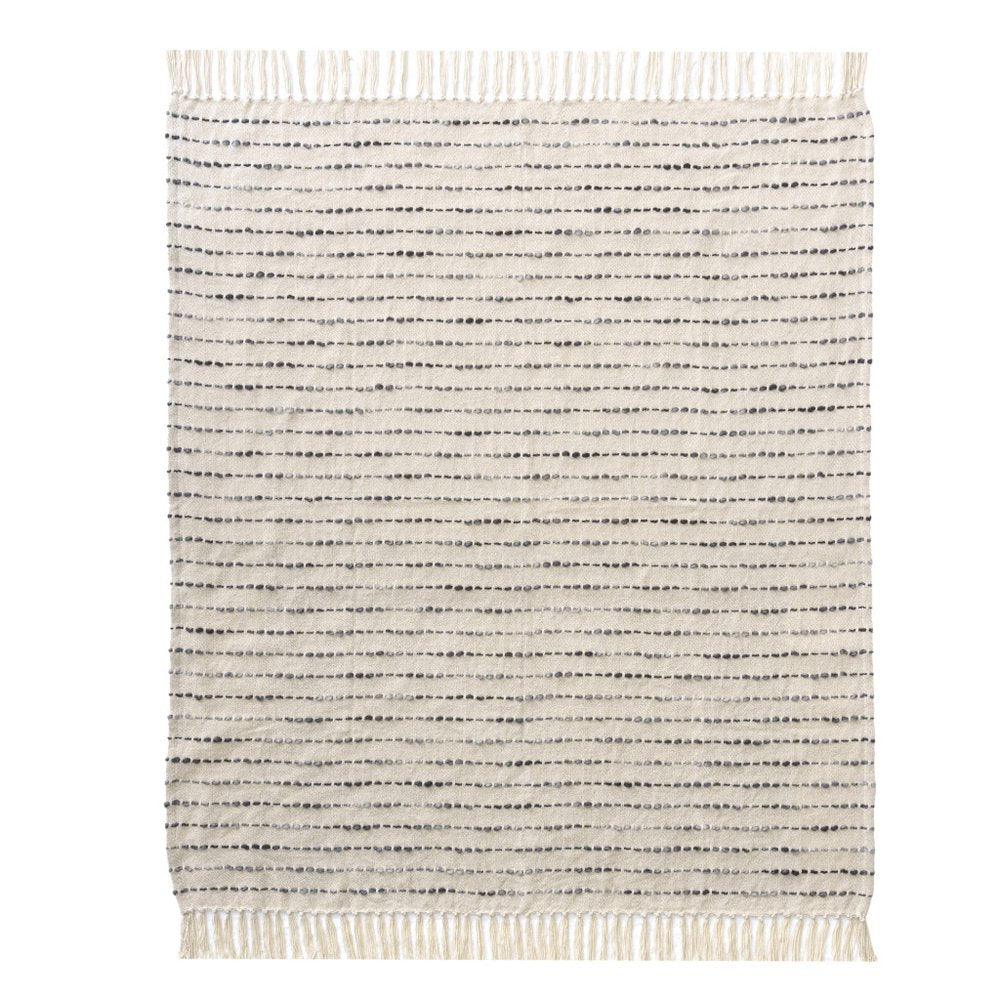 50" X 60" White And Navy Blue Cotton Blend Woven Striped Throw Blanket with Fringe HomeRoots