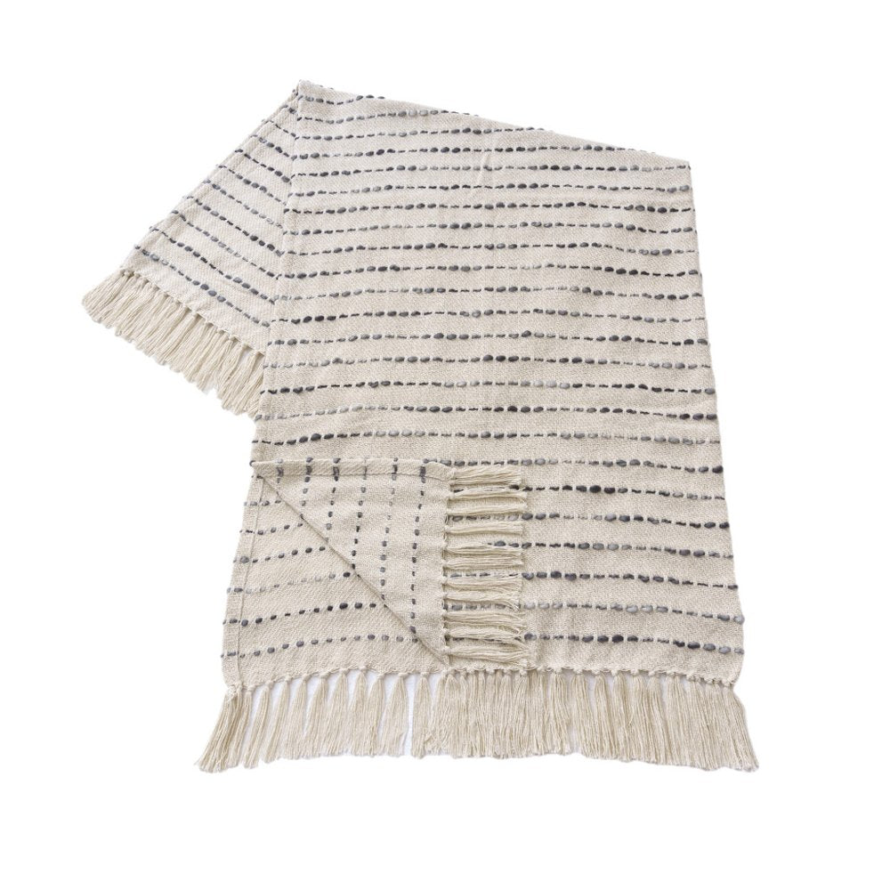 50" X 60" White And Navy Blue Cotton Blend Woven Striped Throw Blanket with Fringe HomeRoots
