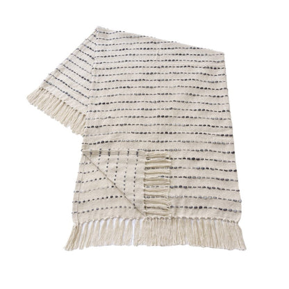 50" X 60" White And Navy Blue Cotton Blend Woven Striped Throw Blanket with Fringe HomeRoots