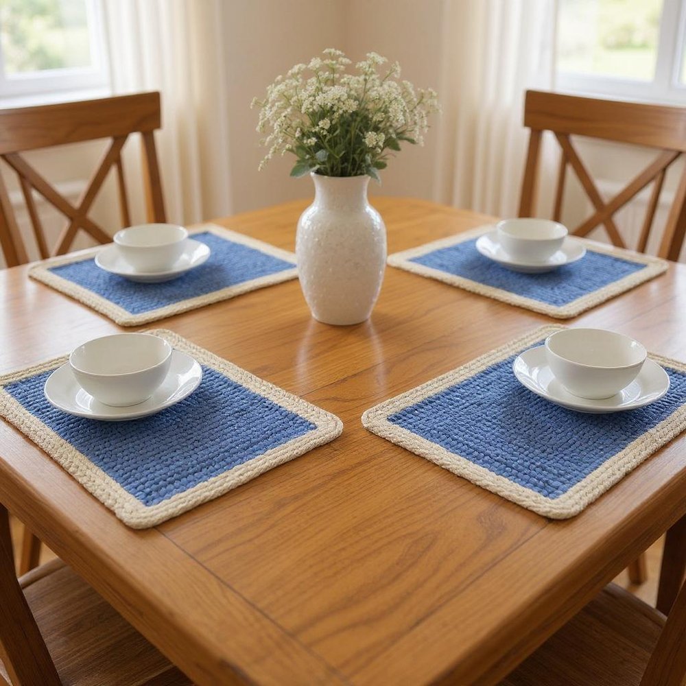 19" Set of Four Blue And Natural Solid With Border Cotton Placemats HomeRoots