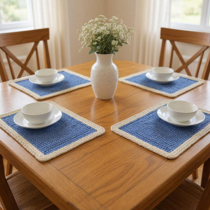 19" Set of Four Blue And Natural Solid With Border Cotton Placemats HomeRoots