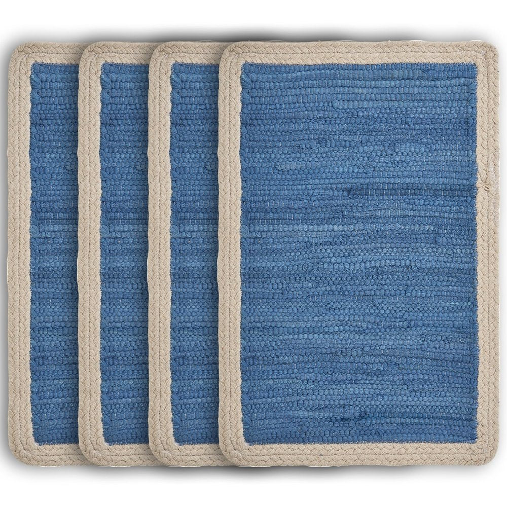 19" Set of Four Blue And Natural Solid With Border Cotton Placemats HomeRoots