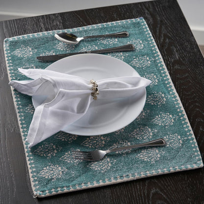 19" Set of Four Cream And Turquoise Damask Cotton Placemats HomeRoots