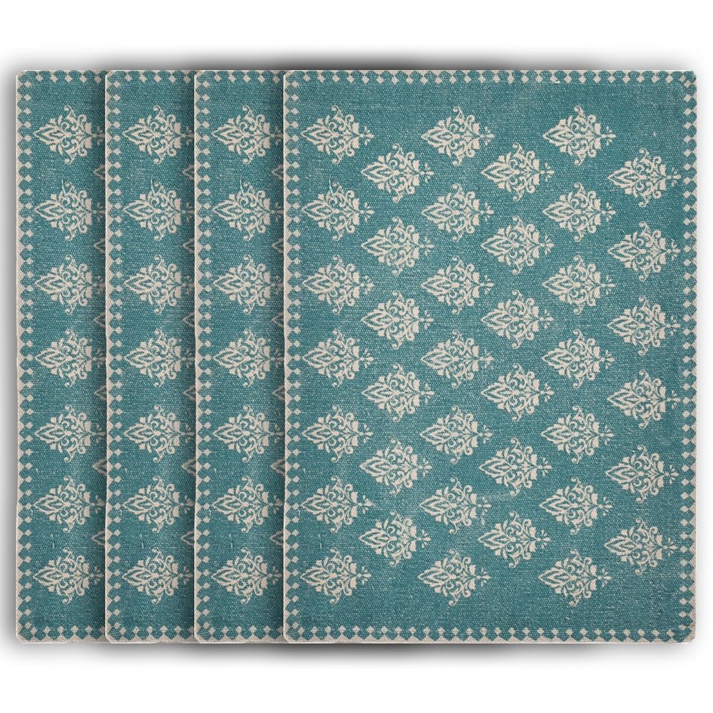 19" Set of Four Cream And Turquoise Damask Cotton Placemats HomeRoots
