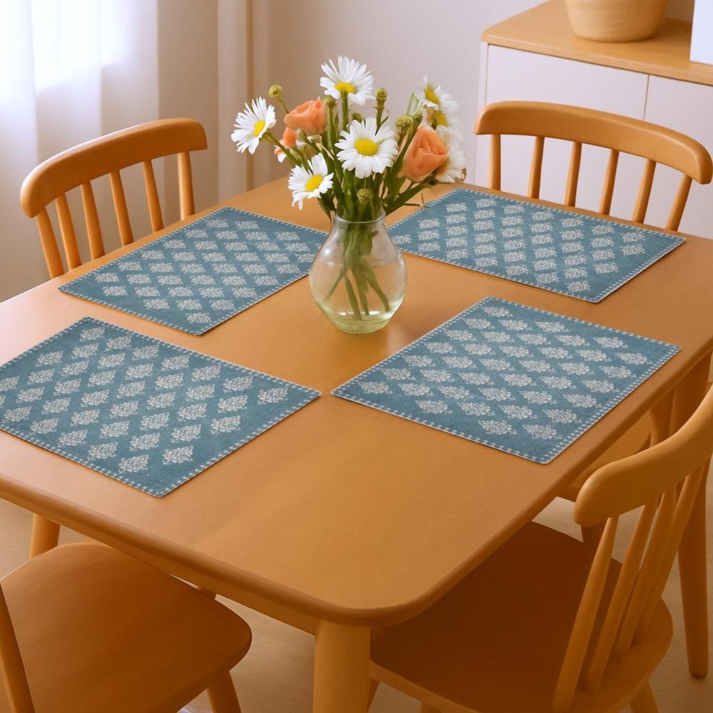 19" Set of Four Cream And Turquoise Damask Cotton Placemats HomeRoots