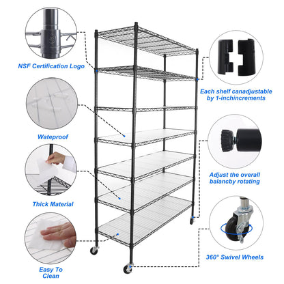 7 Tier Wire Shelving Unit 2450 LBS NSF Height Adjustable Metal Garage Storage Shelves with Wheels Black - FurniFindUSA