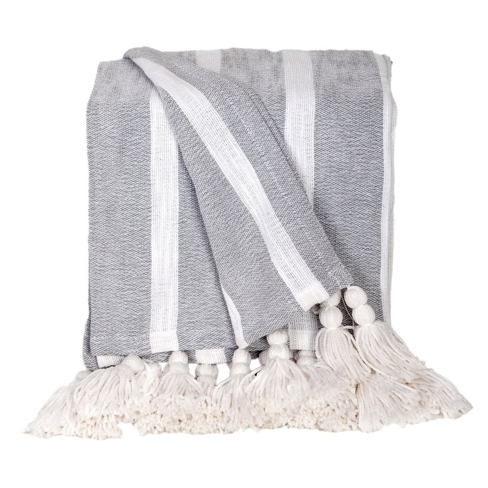 50" X 60" Gray and White Woven Cotton Striped Throw Blanket with Tassels HomeRoots