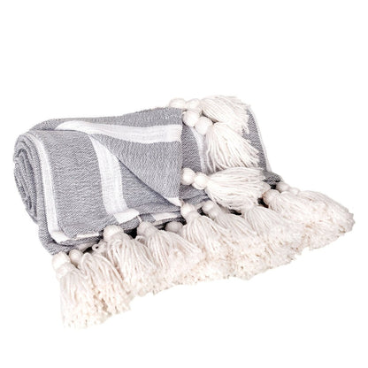 50" X 60" Gray and White Woven Cotton Striped Throw Blanket with Tassels HomeRoots