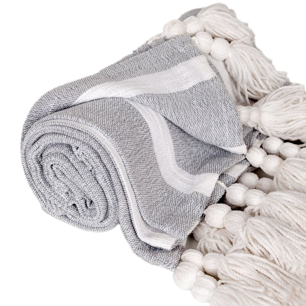 50" X 60" Gray and White Woven Cotton Striped Throw Blanket with Tassels HomeRoots