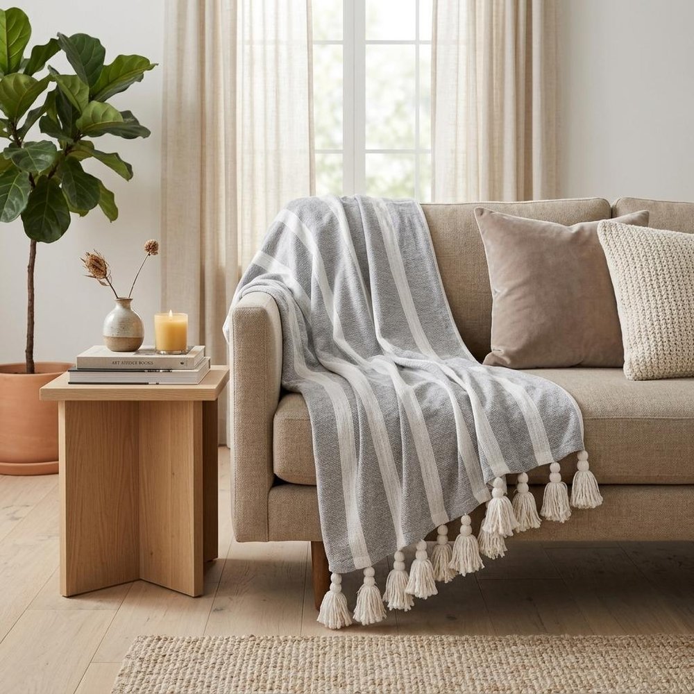 50" X 60" Gray and White Woven Cotton Striped Throw Blanket with Tassels HomeRoots