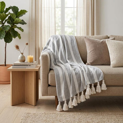 50" X 60" Gray and White Woven Cotton Striped Throw Blanket with Tassels HomeRoots