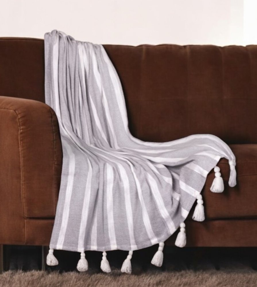 50" X 60" Gray and White Woven Cotton Striped Throw Blanket with Tassels HomeRoots