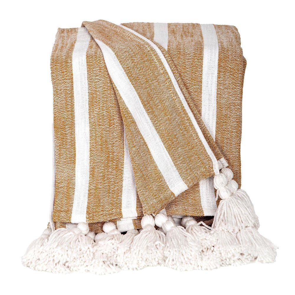 50" X 60" Gold and Ivory Woven Cotton Striped Throw Blanket with Tassels HomeRoots
