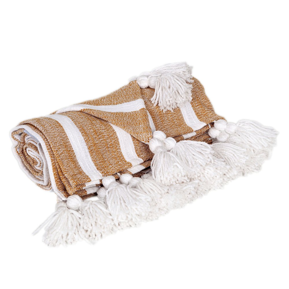 50" X 60" Gold and Ivory Woven Cotton Striped Throw Blanket with Tassels HomeRoots