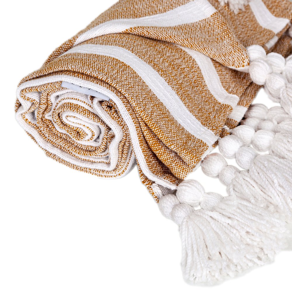 50" X 60" Gold and Ivory Woven Cotton Striped Throw Blanket with Tassels HomeRoots