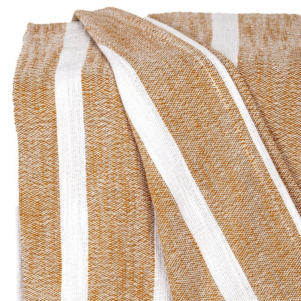 50" X 60" Gold and Ivory Woven Cotton Striped Throw Blanket with Tassels HomeRoots