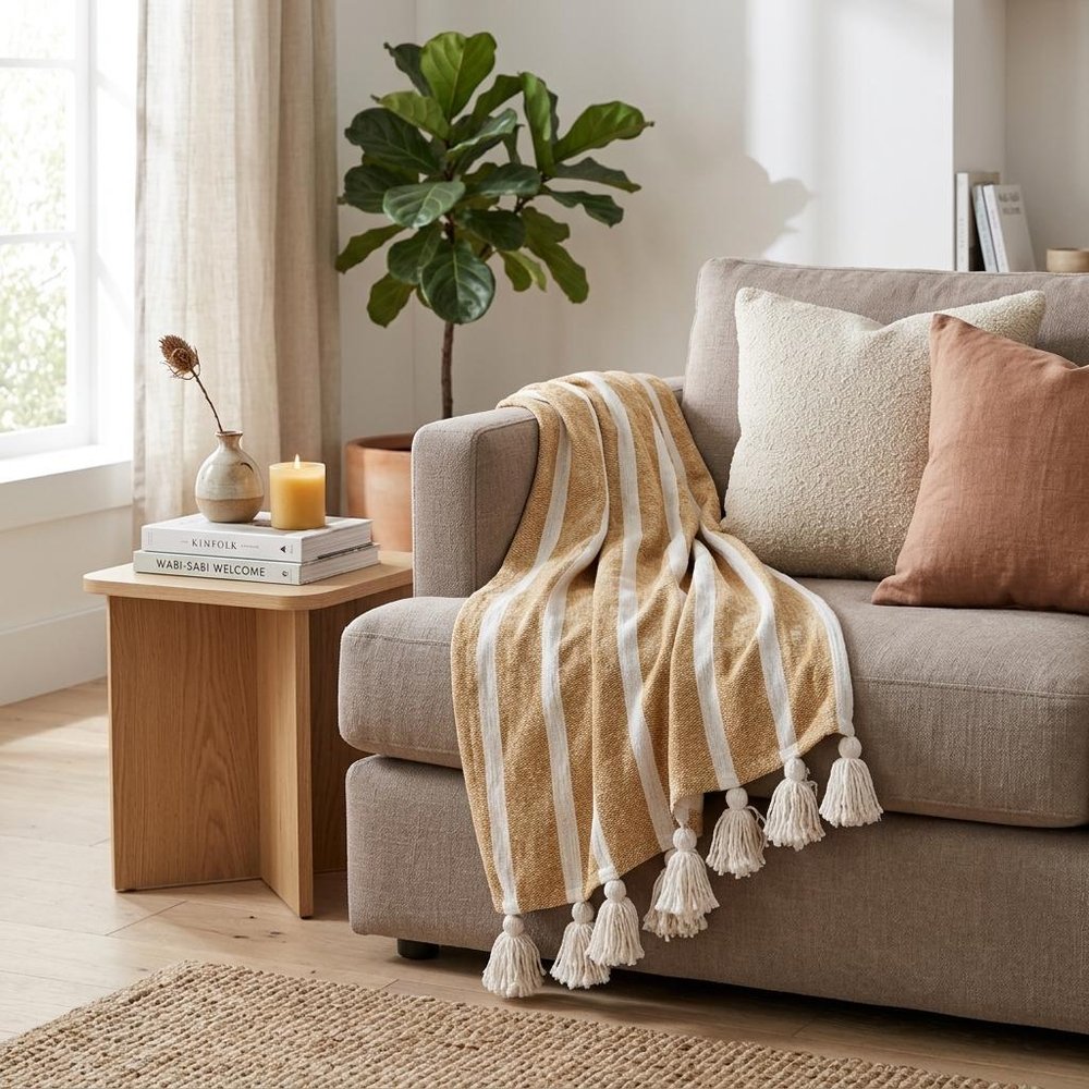 50" X 60" Gold and Ivory Woven Cotton Striped Throw Blanket with Tassels HomeRoots