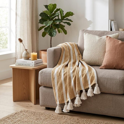 50" X 60" Gold and Ivory Woven Cotton Striped Throw Blanket with Tassels HomeRoots