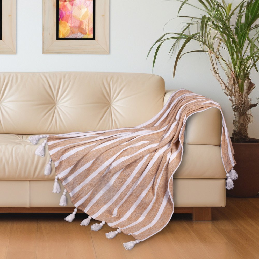 50" X 60" Gold and Ivory Woven Cotton Striped Throw Blanket with Tassels HomeRoots