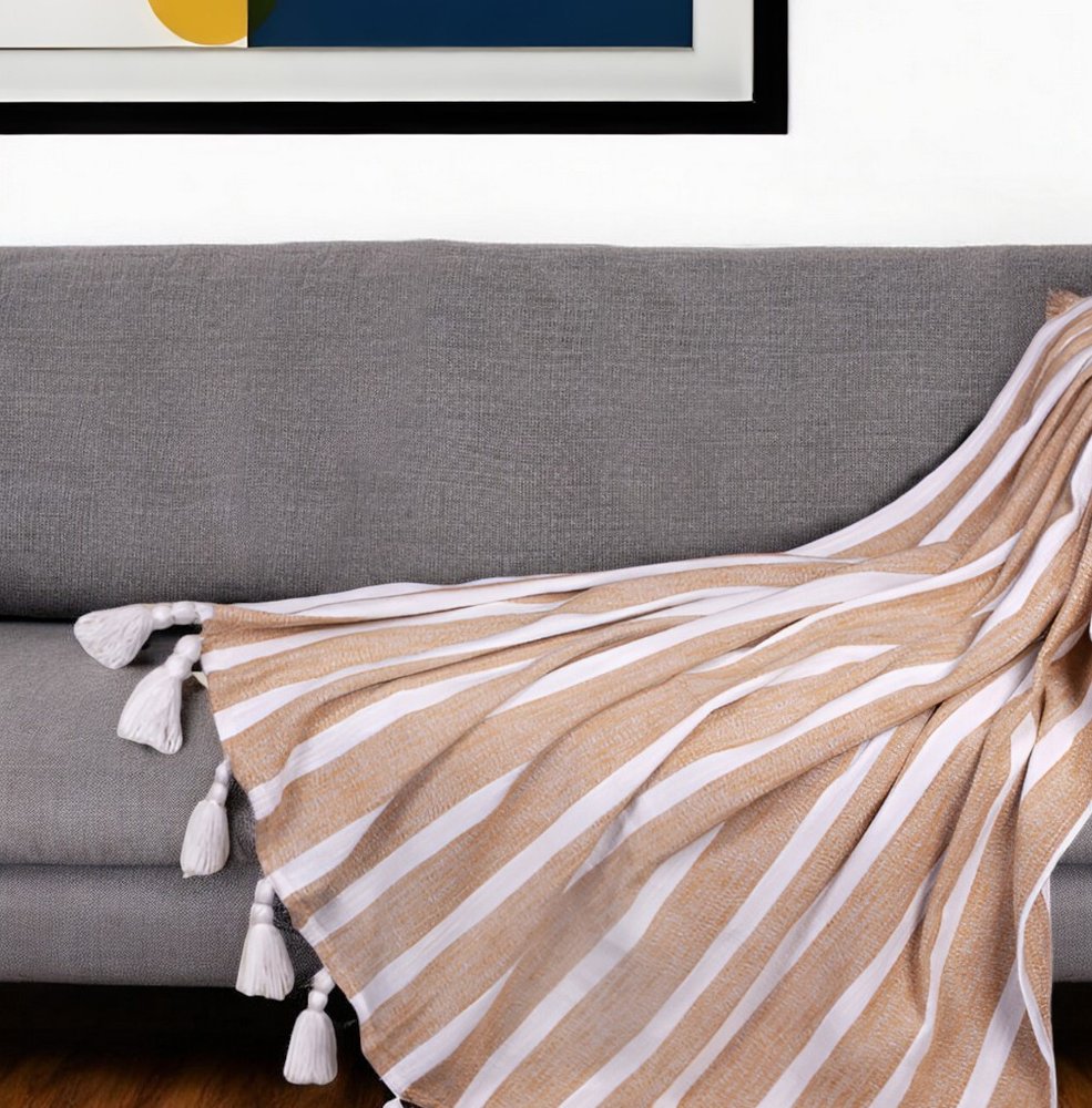 50" X 60" Gold and Ivory Woven Cotton Striped Throw Blanket with Tassels HomeRoots