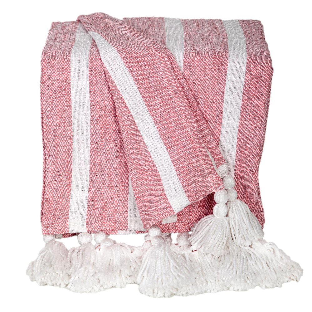 50" X 60" Pink and White Woven Cotton Striped Throw Blanket with Tassels HomeRoots