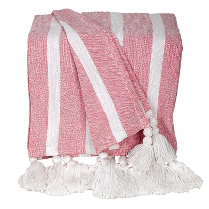 50" X 60" Pink and White Woven Cotton Striped Throw Blanket with Tassels HomeRoots