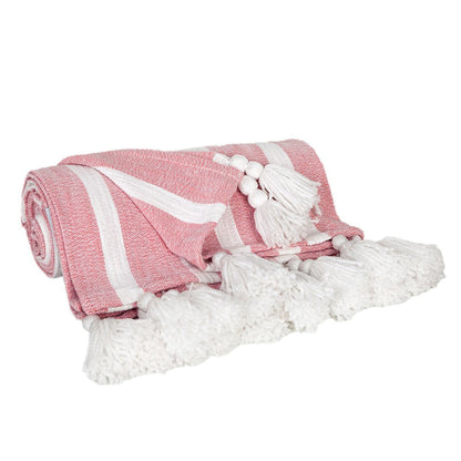 50" X 60" Pink and White Woven Cotton Striped Throw Blanket with Tassels HomeRoots