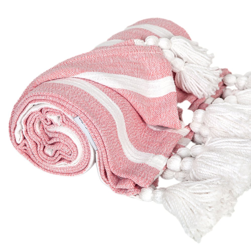 50" X 60" Pink and White Woven Cotton Striped Throw Blanket with Tassels HomeRoots
