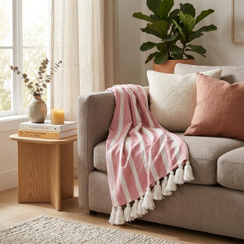 50" X 60" Pink and White Woven Cotton Striped Throw Blanket with Tassels HomeRoots