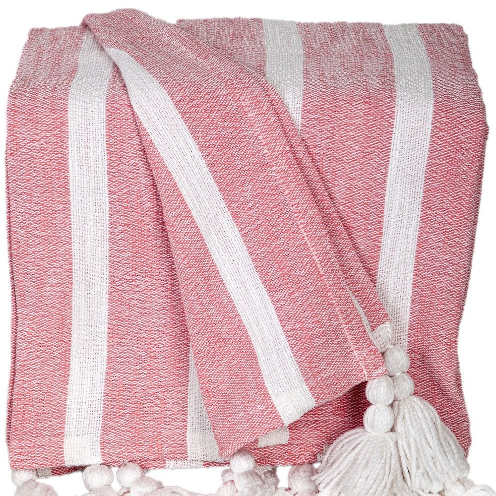 50" X 60" Pink and White Woven Cotton Striped Throw Blanket with Tassels HomeRoots