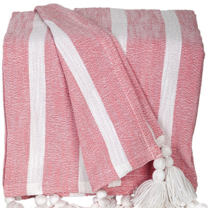 50" X 60" Pink and White Woven Cotton Striped Throw Blanket with Tassels HomeRoots
