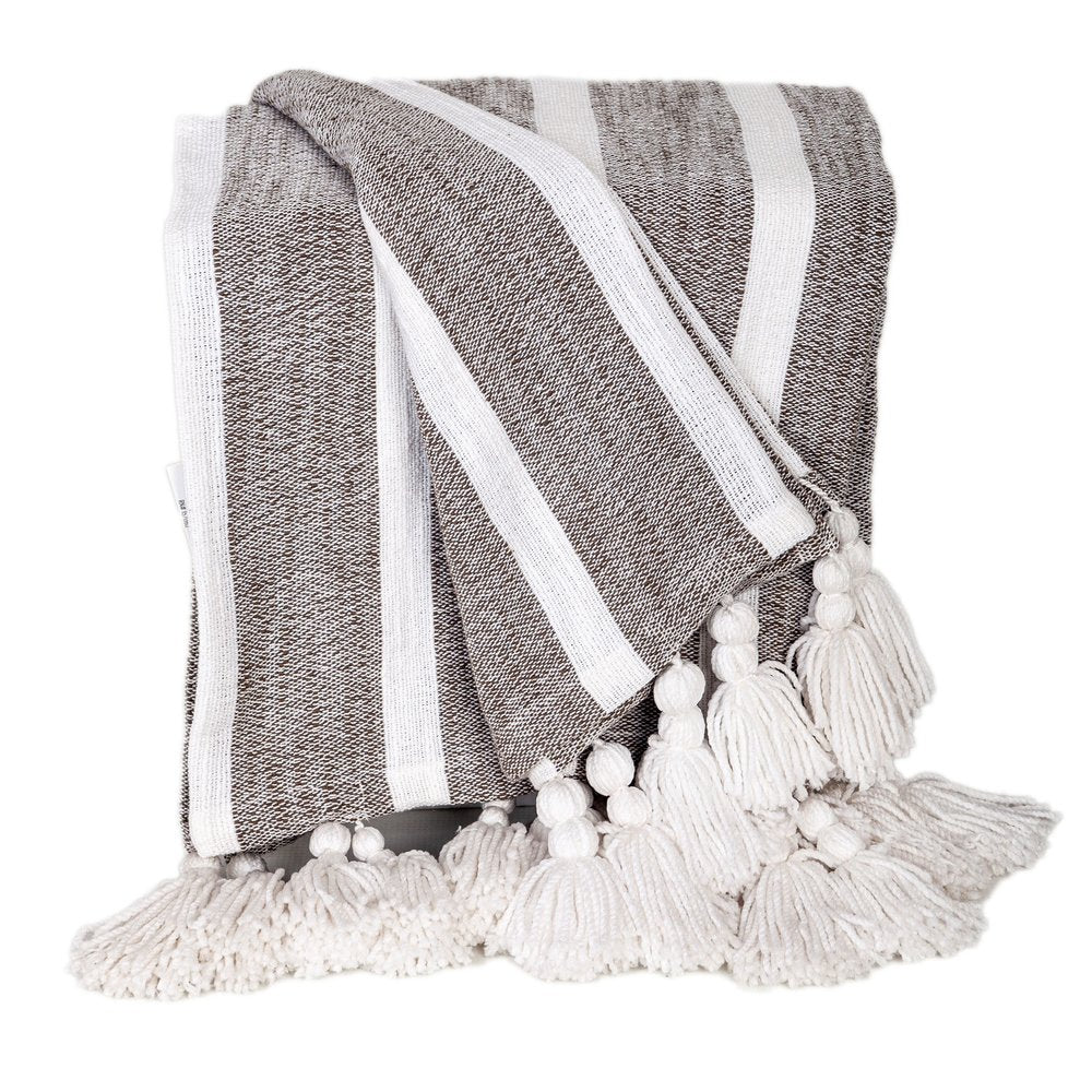 50" X 60" Charcoal Woven Cotton Striped Throw Blanket with Tassels HomeRoots