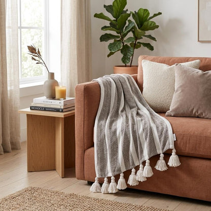 50" X 60" Charcoal Woven Cotton Striped Throw Blanket with Tassels HomeRoots