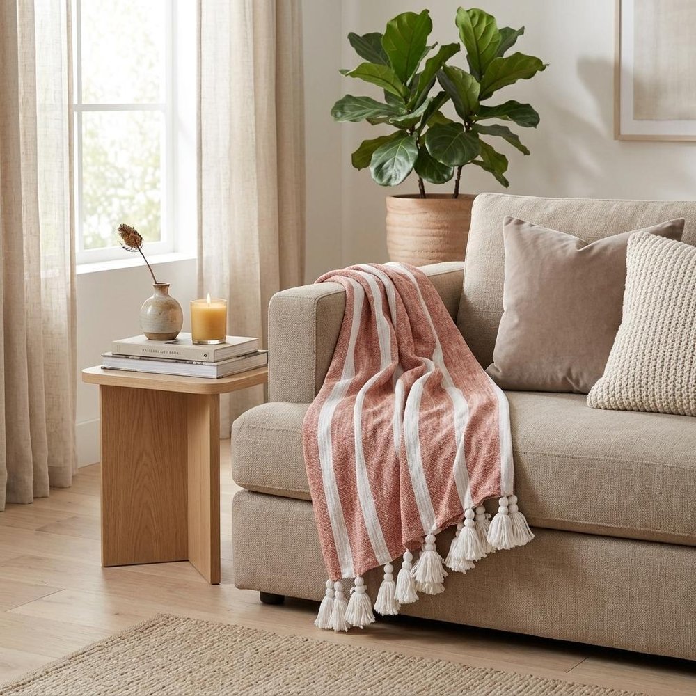 50" X 60" Rust Woven Cotton Striped Throw Blanket with Tassels HomeRoots
