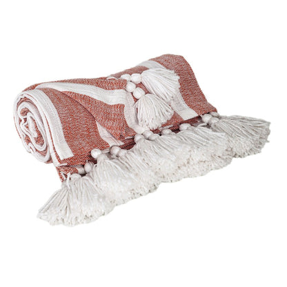 50" X 60" Rust Woven Cotton Striped Throw Blanket with Tassels HomeRoots