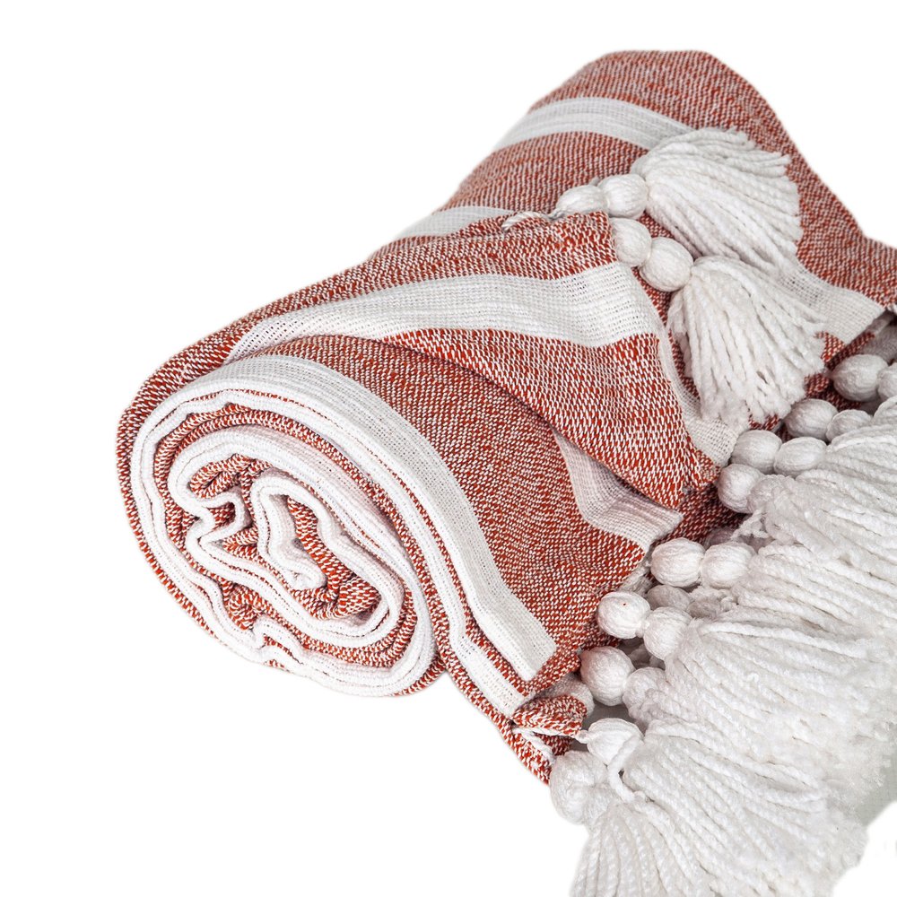 50" X 60" Rust Woven Cotton Striped Throw Blanket with Tassels HomeRoots