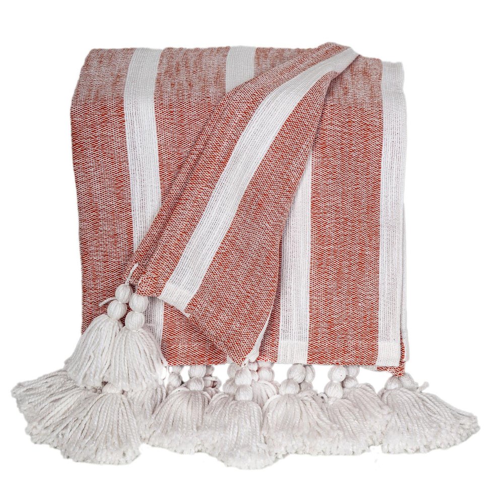 50" X 60" Rust Woven Cotton Striped Throw Blanket with Tassels HomeRoots