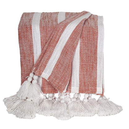 50" X 60" Rust Woven Cotton Striped Throw Blanket with Tassels HomeRoots